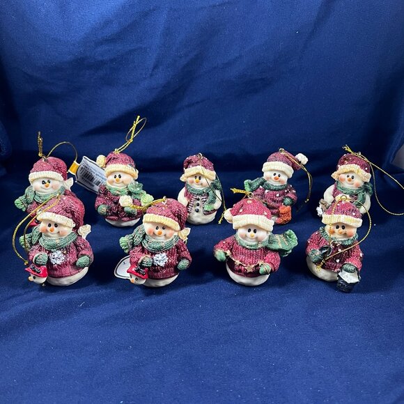 Set Of 9 Snowman Christmas Ornaments With Red Santa Hats & Glitter Accents Hangi - Picture 1 of 2